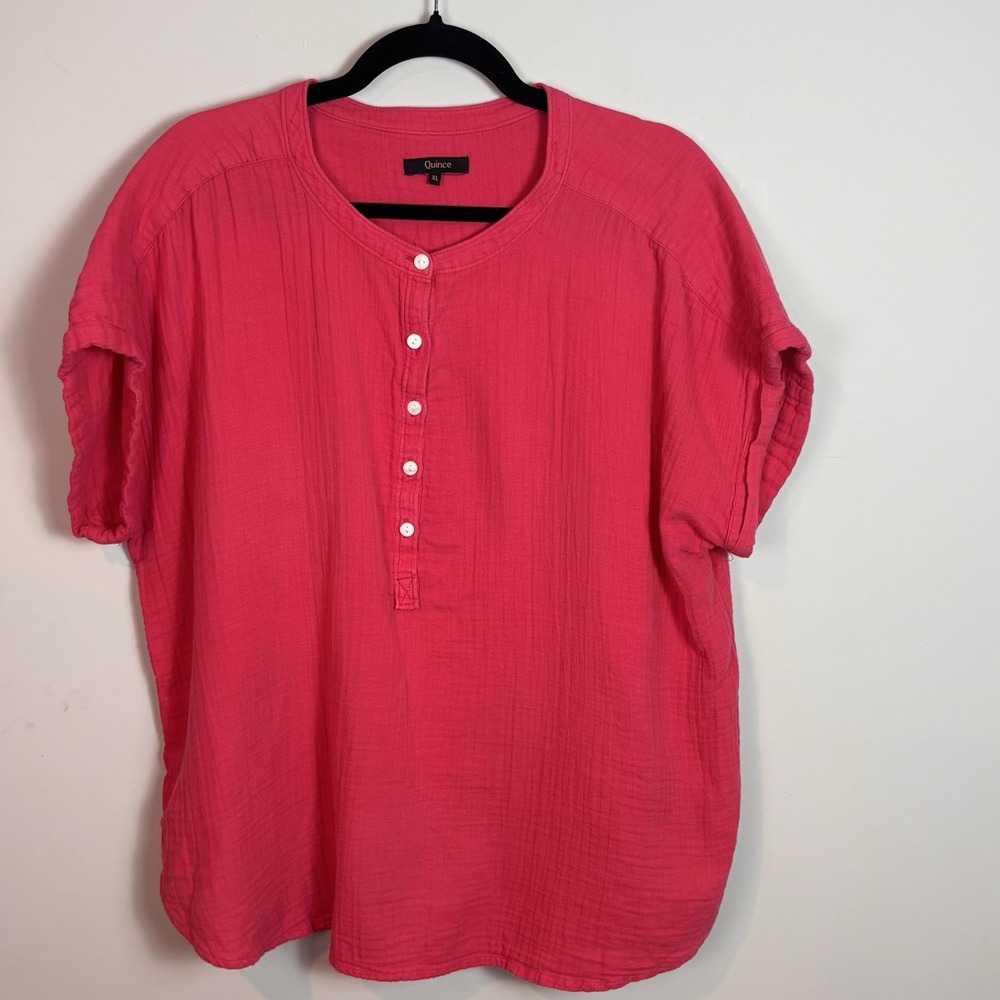 Quince Women's Bright Pink 100% Organic Cotton Gauzy Roll Sleeve SZ XL Colorful